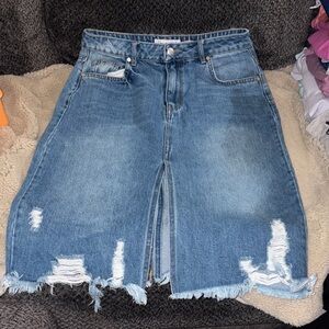 Denim Blvd Los Angeles Distressed Denim Midi Skirt, Medium